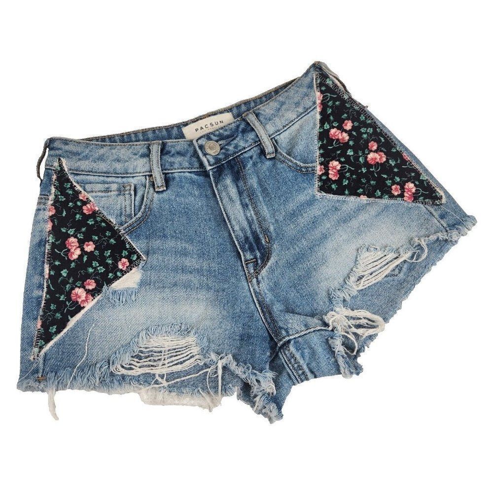 Cut Off Jean Shorts Womens 24 Blue Denim Patches Upcycled Granny Boho Cottage
